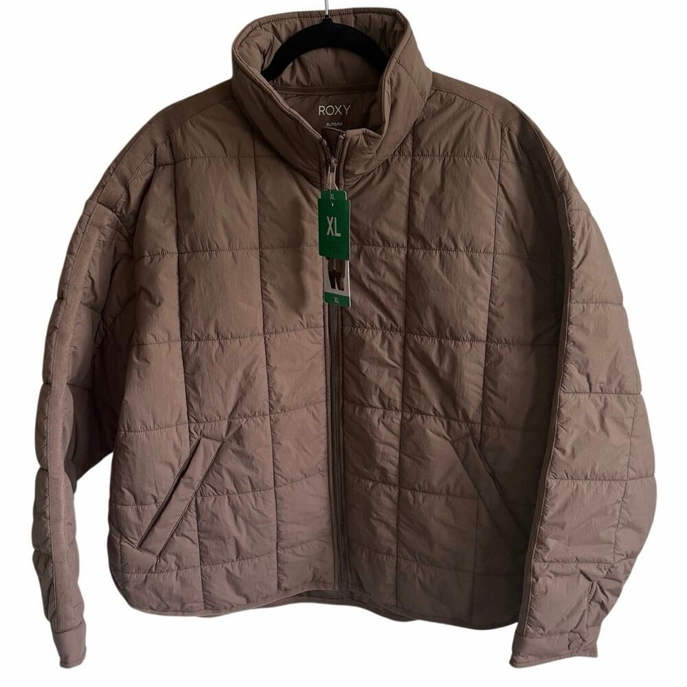 NWT Roxy Women's Quilted Puffer Jacket Grid Packable Taupe XL